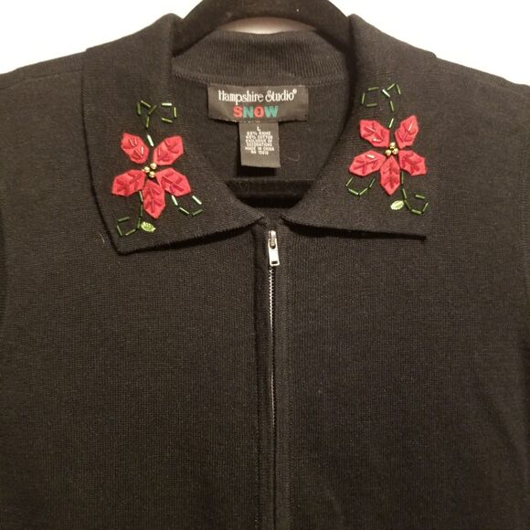 Hampshire Studio Snow L Sweater Vest Full Zip Poinsettia Christmas Holiday Vtg - Picture 3 of 7